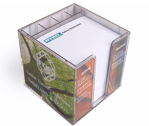 Doppelwandige transparente Zettelbox im Digitaldruck