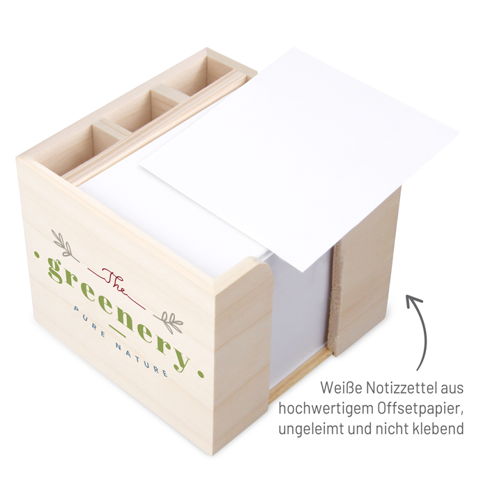 Zettelbox aus echtem Holz mit Stifteköcher 10 x 10 x 8,5 cm Siebdruck Zettelbox aus echtem Holz mit Stifteköcher 10 x 10 x 8,5 cm Siebdruck