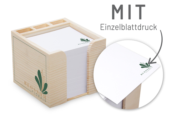 1018140111 Zettelbox aus echtem Holz mit Stifteköcher 10 x 10 x 8,5 cm Siebdruck Zettelbox aus echtem Holz mit Stifteköcher 10 x 10 x 8,5 cm Siebdruck