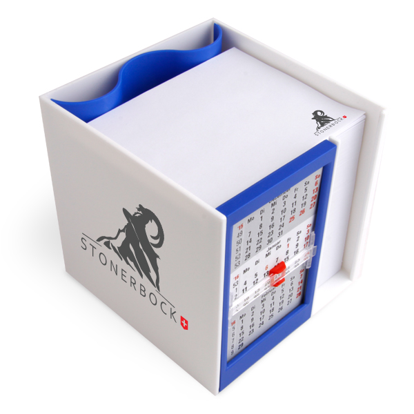 Zettelbox Kalenderbox mit Klappmechanik im Siebdruck