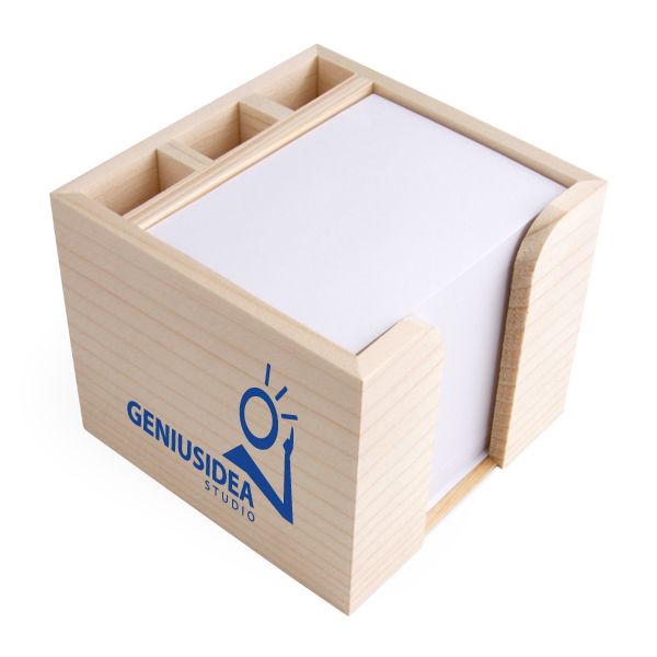 Zettelbox aus echtem Holz mit Stifteköcher 10 x 10 x 8,5 cm Siebdruck